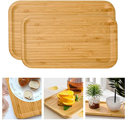 Favengo 2 Stück Bambus Tablett Rechteckig Bambustablett Deko Bambus Serviertablett Bambus Tablett Servierbrett Untersetzer Untertasse Rechteck Umweltfreundliches Holztablett Robust Holz Teller
