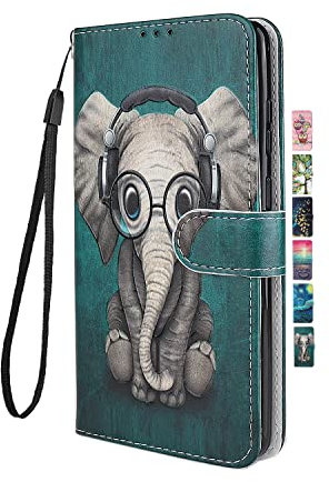 UCool für iPhone 7 Plus 8 Plus 5.5 Zoll Hülle PU Leder Flip Klappbar Lederhülle Schutzhülle 3D Bunte Muster Wallet Cover Case iPhone 6 Plus 6S Plus Handyhülle Tasche Etui Grün Kopfhörer Elefant