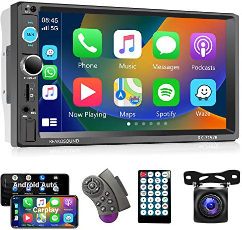 Car Radio Double Din Car Stereo Carplay, Rimoody 7 Inch Touch Screen Car Radio with Bluetooth FM Radio Mirror Link TF/USB/AUX Input SWC Car Multimedia Player + Backup Camera