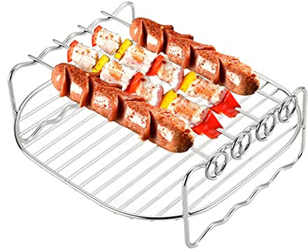 pologmase Air Fryer Rack, Friteuse À Air en Acier Inoxydable, Étagère À Brochettes Double Couche Friteuse À Air avec Accessoires Brochettes Multifonction en Acier Inoxydable
