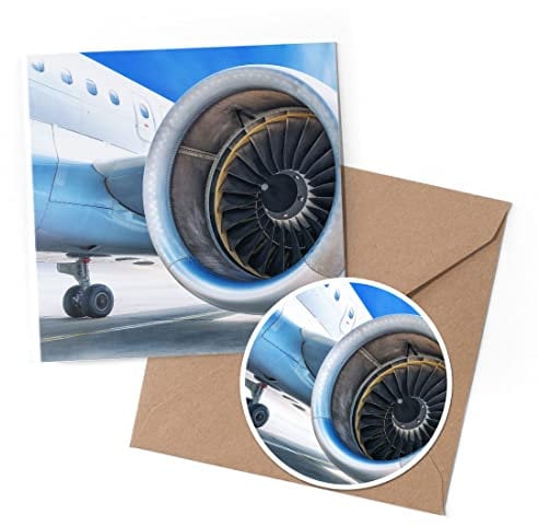 1 x Greeting Card & 10 cm Round Sticker Set - Jumbo Jet Engine Plane Pilot Airplane - Birthday Thank You Friend Lover Fan Mum Dad Kids #16159