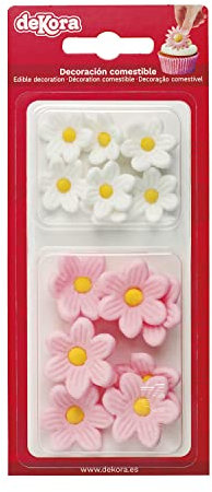 Dekora - Essbare Blumen für Torte aus Zucker - Box mit 7 weißen und 7 rosa Gänseblümchen - Zuckerblumen Tortendeko Geburtstag Essbar