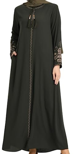 istanbul styles Abaya mit bestickten Ärmeln für Damen, langärmelig, bodenlang, türkisch-islamische Mode (DE/NL/SE/PL, Alphanumerisch, L, Regular, Regular, Grün)