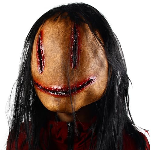 Sprinlot Horror Halloween Masken Erwachsene, Gesichtsmaske mit Haaren Blutige, Weiblicher Geist Maskerade, Face Mask für Horrorpartys Wanju, Ertong, C27