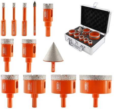 BGTEC Diamond Core Drill Bits, 12pcs(6/6/8/20/25/28/35/45/50/65mm Triangle Shank Drill Bits+50mm Chamfer Bit+6mm Triangle Shank Carbide Drill) for Ceramic Porcelain Tile Marble Granite