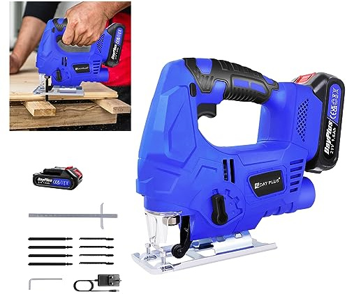 Battery Operated Jigsaw with Led Light Cordless Jigsaw, 400W 3000SPM Jig Saw Tool, Max ±45° Bevel Cutting Angle, 4-Position Orbital Action Power Jigsaw for Wood Metal Plastic