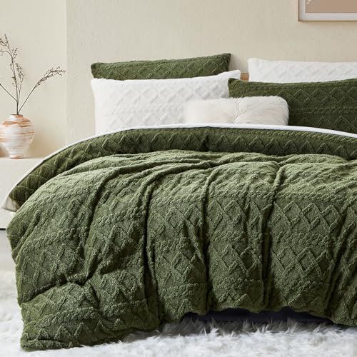 Sedefen Vert Housse de Couette 200x200 cm Polaire Sherpa Hiver Chaude Duveteuse Tuftée à Rayures Parure de lit 2 Personnes Fille Ado Peluche Flanelle Linge de lit Avez Fermeture Éclair