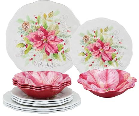 UPware 12 Piece Joyful Holiday Melamine Dinnerware Sets, Outdoor Dishes Set, Plates and Bowls Sets, Christmas Decorations, Service for 4, Red