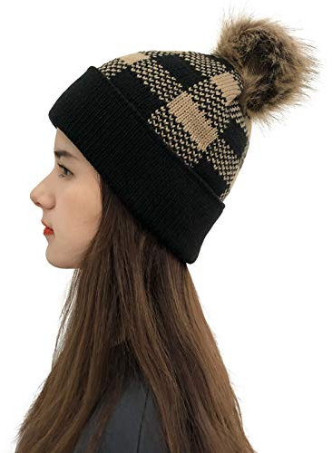 AMhomely Slouchy Beanie-Mütze für Damen, Winter, kariert, gestrickt, mit Kunstfell, Bommel, Plaid, gestrickt, Totenkopfmützen, Retro, Streetwear, Slouchy Mützen, warm, winddicht, Snowboardmützen,