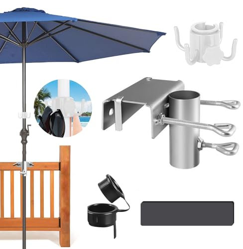 LangRay Soporte Parasol Balcón, Soporte para Parasol Barandilla Balcón Ajustable Ø25-38mm, Pie Base Soporte Parasol Exterior para Terraza Balcón Playa Mesa, Anchura Máxima 5,8 cm