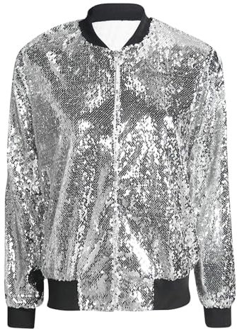 Dolce Fashions® Women’s Sequin Glitter Bomber Jackets Ladies Outerwear Long Sleeves Metallic Sparkly Club Dance Party Costume Biker Blazer Tops (Silver, S-M)