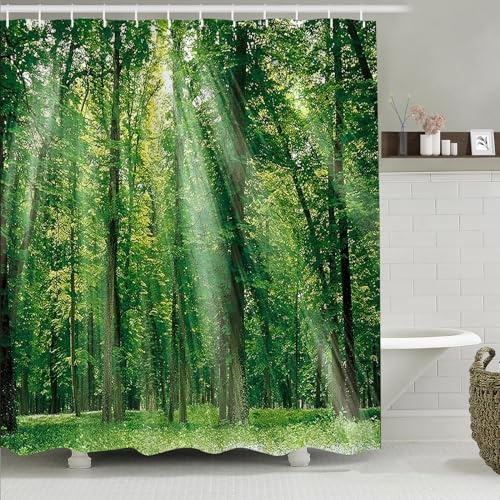 Simpomsy Green Forest Shower Curtain, Green Jungle Tall Trees Sunshine Shower Curtains, Nature Landscape 3D Scenery Bathroom Curtains, Waterproof Fabric Bathroom Decor Set with Hooks 180x180cm
