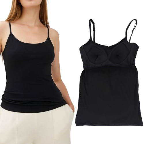 Vest Top with Built in Bra UK, Breathable Tank Top with Built in Bra UK Ladies Tops with Adjustable Shoulder Strap, Camisole Tops for Women Built in Bra Vest Tops Women UK with Shelf Bra(Black-L)