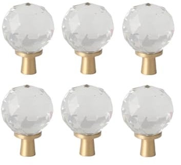 SANCHAKOU Furniture Handles 6 Pcs Golden Brass Base Wardrobe Door Drawer Single Hole Crystal Handle Thousand-Sided Ball Diameter 40Mm