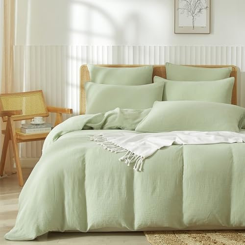 Gezu Housse de Couette Coton220x240cm 100% Coton Vert Parure de Lit Adulte2 Personnes Naturel Gaze de Coton Moderne Super Doux Respirant Linge de Lit avec Fermeture Éclair avec 2Taies d'oreiller 65x65