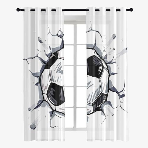 Hixingo Sheer Voile Gardinen Fußball-Druck Vorhänge, 2er Set Vorhang mit Ösen, Mode Halbtransparent Scheibengardinen Wohnzimmer Küchen (140x160cm,Fußball 2)