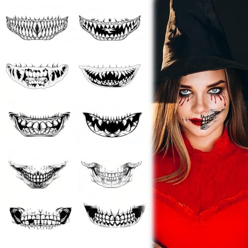 Tatuaje de Halloween, 10pcs, Tatuaje de Cara de Halloween, Tatuaje Temporal de Halloween, Maquillaje de Disfraces de Halloween, Tatuajes Temporales de Halloween
