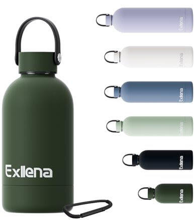 Exllena 350ml Small Water Bottle 350m for Handbag, Small Drinks Bottle with Handle Lid and Carabiner, Double Wall Vacuum Keeps Drinks Cold 24 Hrs/Hot 12 Hrs BPA Free (PineGreen)