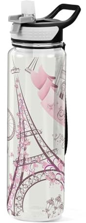 Mnsruu Bouteille d'eau transparente avec paille - Bouteille d'eau étanche - Tour de Paris romantique - Pour le sport, le bureau, l'école - Plastique Tritan sans BPA - 1 litre