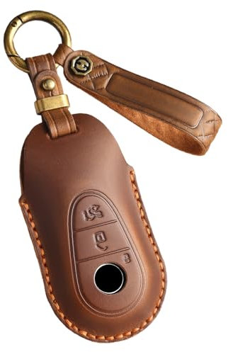 ontto Coque de clé de voiture porte-clés pour Mercedes Classe C S W206 W223 C260 GLE GLC 300 EQE53 AMG EQS 450 Étui de protection en cuir véritable pour clé 3 boutons Marron