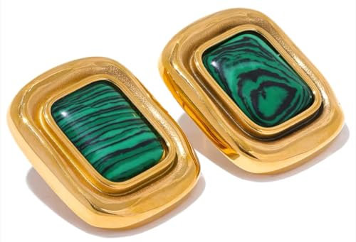 Orecchini donna grandi a bottone quadrati placcati in oro giallo 18K con pietra naturale verde malachite