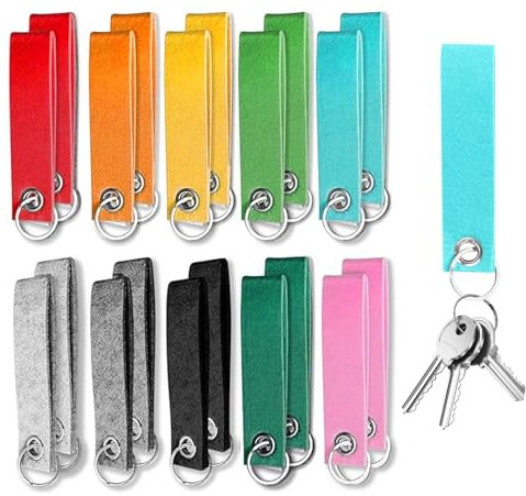 Laluky 20 Stück Filz-Schlüsselanhänger, Bunter Filz-Schlüsselanhänger Rohling mit Edelstahlring-Anhänger, Beschreibbarer Schlüsselanhänger für DIY-Basteleien, Dekoration, Taschen, 13 x 3 CM