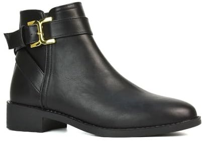ESSEX GLAM Women's Ankle Boots Ladies Flat Low Heel Black Synthetic Leather Zip Buckle Deco Biker Chelsea Booties Shoe Size 5