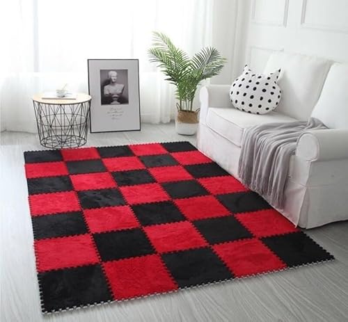 16-teilige Schutz-Plüschmatte, ineinandergreifende Teppichfliesen, Puzzle-Teppich for Wohnzimmer-Schlafzimmer-Dekoration(Black-Red)