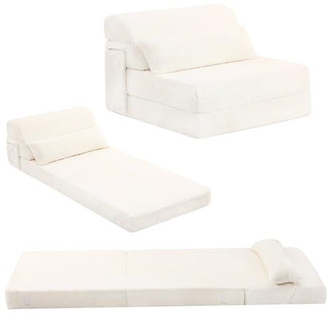SESHINELL Folding Mattress with Pillow, Single Size Fold Out Sofa Chair Z Bed with Plush Cover & Storage Side Pocket, Floor Mattress Lounger for Guest Room, Living Room, Dorm, Home Office, Beige