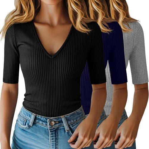 Riyiper Paquete de 3 Camisetas de Manga Corta para Mujer de Algodón Acanalado con Cuello en V Corte Ajustado y Estilo Casual