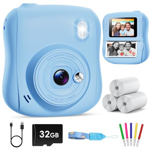 Hangrui Macchina Fotografica Bambini Istantanea, 2,0 Pollici Fotocamera Istantanea Bambini con 32GB Scheda, 1080P Fotocamera Digitale Bambini, Giocattolo Regalo di Natale Bambino 3-10 Anni -Blu