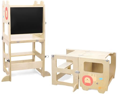 Lernturm für Kinder,Learning Tower mit Tafel,3 in 1 Klappbar Multifunktion Lernturm,Verwandelt Sich in Tisch+Stuhl,Kinder Lernstuhl Tritthocker mit Anti-Rutsch-Pad,?ernturm aus Holz für ab 18 Monate
