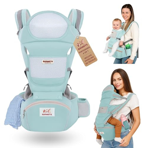 QUIMETS | Marsupio neonato 0-36 mesi ergonomico 6 in 1 – Zaino porta bambino regolabile con seduta removibile, supporto lombare, tessuto traspirante e mussola in omaggio