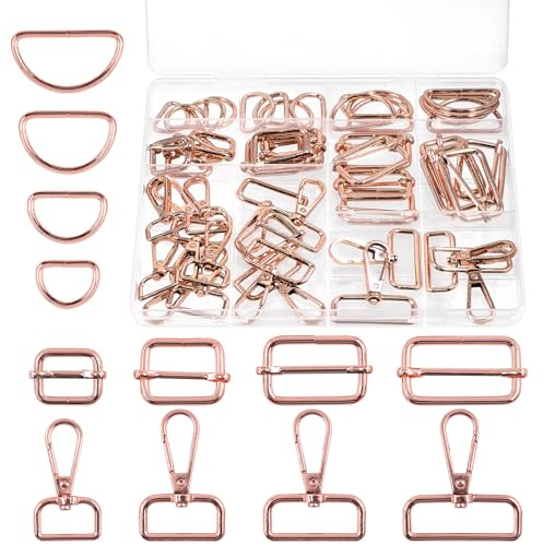 Rustark 48 Stück Roségold Drehbare Karabinerhaken Metall D-Ringe Triglide-Schiebeschnalle Gurtversteller Hardware Dornschließe für Rucksack DIY Nähen Zubehör
