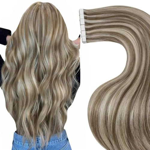 LaaVoo Tape Extensions Echthaar 60cm,Blond Braun Echthaar Extensions Tapes Hellbraun Highlights Hellblond Glatt Haarverlängerung Extensions Echthaar Tape in 20pcs 50g #P8/24
