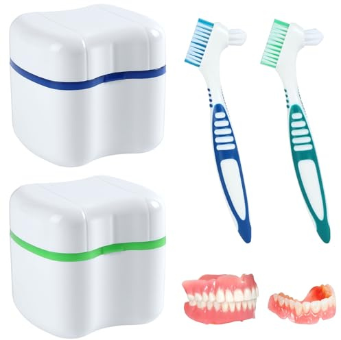 flintronic Zahnprothesenbox mit Hängender Sieb, Tragbare Prothesendose Abdeckung mit 2 Prothesen Reinigerbürsten, Prothesen Bade Box, Reisebehälter für Zahnprothesen-Aufbewahrung (Blau+Grün)