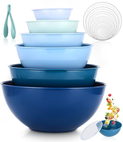 Lot de 6 saladiers avec couvercle, bols mélangeurs réutilisables | Ensemble de saladiers empilables en plastique pour mélanger et servir - 0,2 à 6,5 l - Sans BPA