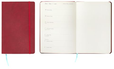 Idena 12087 - Taschenkalender 2026 im Format 9 x 14 cm, 1 Woche auf 1 Seite, Terminplaner in Rot, Gummiband, Innentasche und Leseband