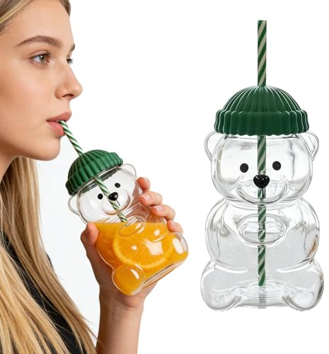 Tczqykm Bear Glass Cup with Beanie Lids and Straws, 20oz Cold Coffee Cute Straw Cup, Bear Shaped Straw Mug 600ml for Hot Drinks Milk