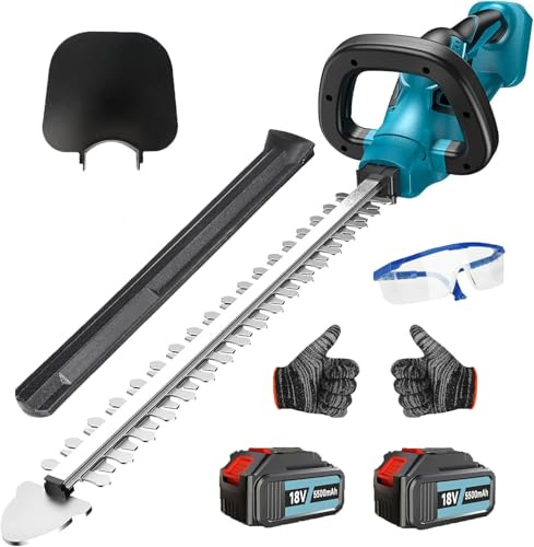 Akku Heckenschere,Ersatz für Makita, Elektrischer Hecken & Strauchschere mit 52cm Schnittlänge, Schutzhülle, Handschuhe, 18V 2XAkku 5,5Ah mit Ladegerät, für Äste, Sträucher, Zweige, Blau