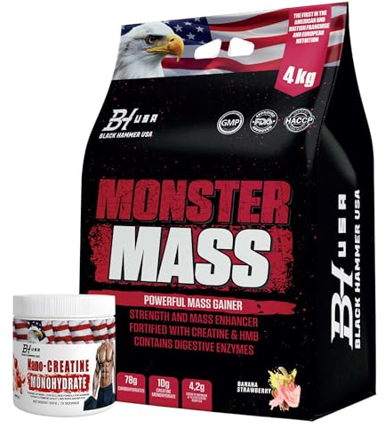 MONSTER Mass Gainer 4kg / 8kg Weight Gainer Protein Powder High Calorie Muscle Builder + FREE Nano Creatine Apple – Black Hammer USA (4000g, Banane Erdbeere)