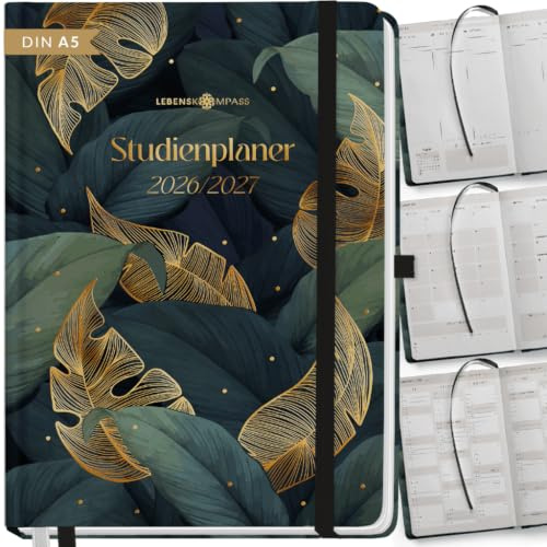 LEBENSKOMPASS® Studienplaner 2026/2027 A5 Leaf – Semesterplaner für Uni & Studium, Wochen-/Monatsübersicht, Stundenplan, Notenlisten, Reflexion, Hardcover mit Goldprägung