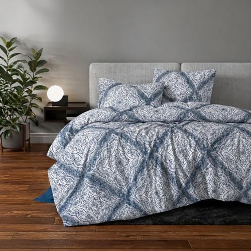 ZIRVEHOME Bettwäsche 200x220 cm 3-teilig Blau Grau Bettbezug 200x220cm klassisches Ornament Design in Blau und Grautönen Baumwolle Bettwäsche-Set 200 x 220 cm Blau Eleganze