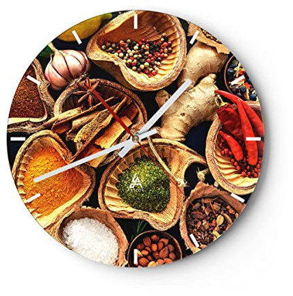 Modern Wanduhr Küche Essen Kräuter Gewürze 40x40cm Rund Groß Wand Uhr Glas Analog Zimmeruhren Küche Büro Wohnzimmer Glasuhr Wall Clock Dekoration Design Wanddekoration Küchenuhr C3AR40x40-2844