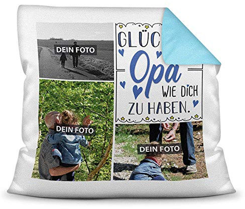 Print Royal Foto-Kissen inkl. Füllung zum Selbstgestalten - für Opa - mit eigener Collage und Spruch - Bestes Fotogeschenk/Geburtstagsgeschenk - Farbkissen Rückseite Hellblau