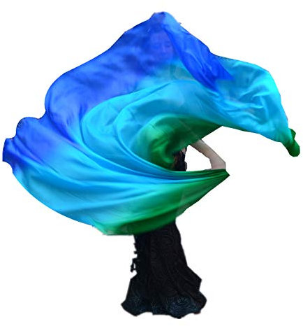 Winged Sirenny 3-Farbig Flowy Luxus Bauchtanz Seidenschal mit Hand gerollt Kanten, leichte Flüssigkeit orientalischen Tanz Schleier,grün/türkis/blau