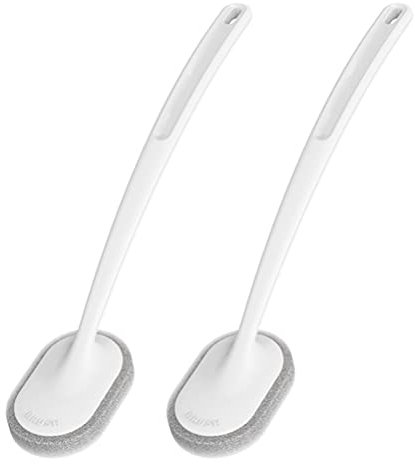 WINOMO 2Pcs Bathroom Cleaning Brush Toilet Long Handle Sponge for Cleaning Shower Bathtub with Two Types of Brush Heads Replaceable,White,37.5X6.5cm