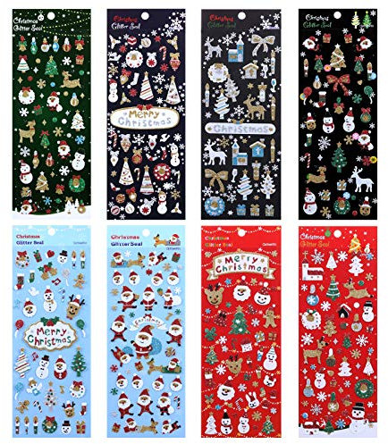 LEMESO 8 Blätter Weihnachtssticker Selbstklebend Glitzer Weihnachtsaufkleber für Scrapbooking Verpackung Dekoration