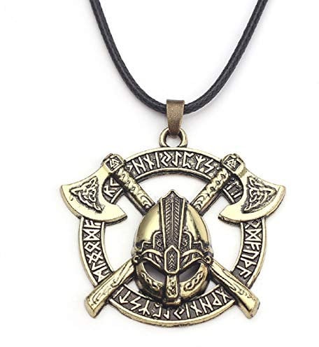 Norse Warrior Helmet Necklace for Men, Viking Runes Double Axe Pendant Necklace with 15.7”+1.9” Chain, Nordic Warriors Tribal Amulet Necklace, Leather Cord, Punk Viking Jewelry Gift gold