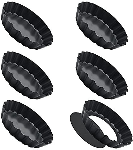6 Pack Tart Tins with Loose Base, 4 inch Mini Non-Stick Round Carbon Steel Tart Pans Quiche Set with Removable Bottom for Cheesecakes Pie Pizza Pan (Black)